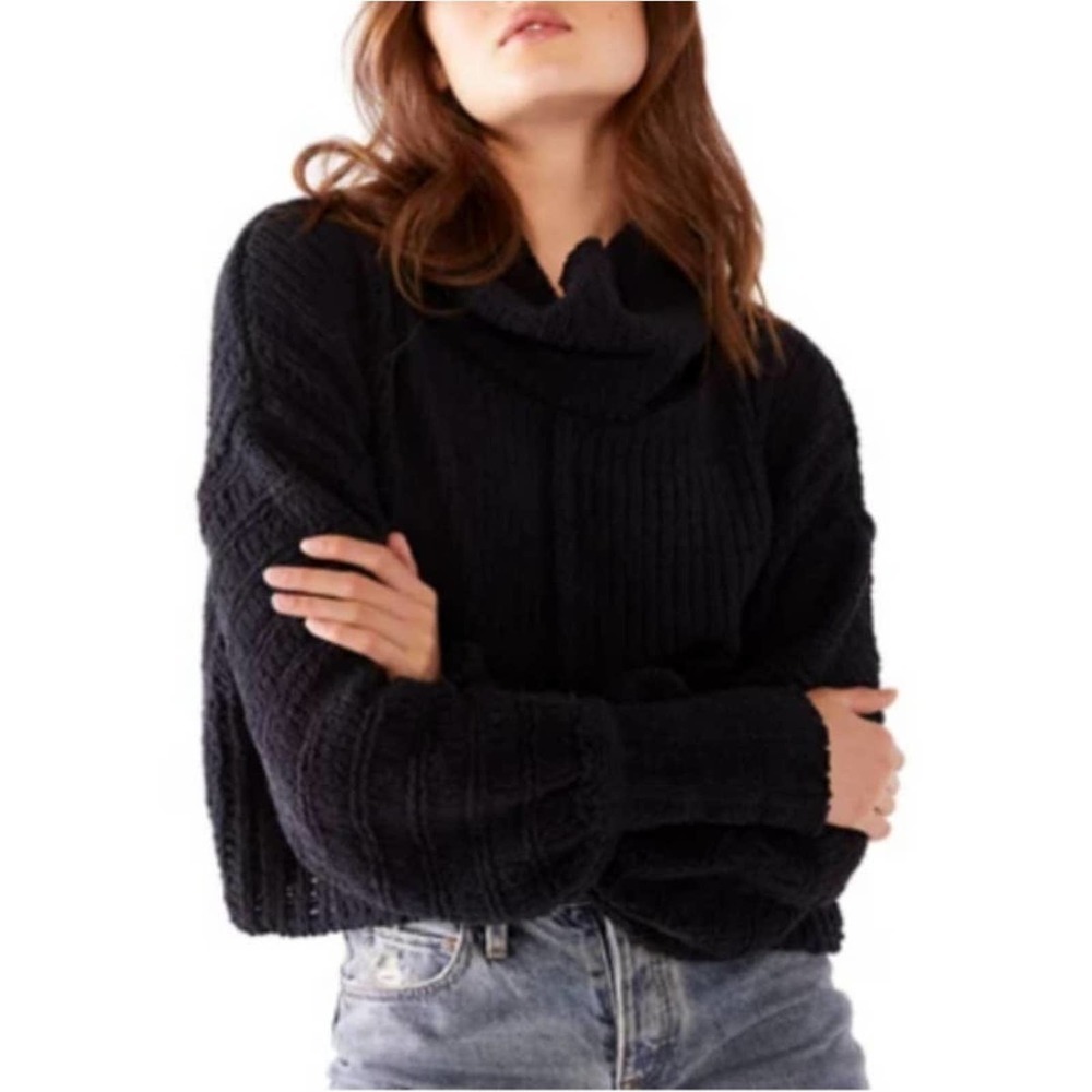 Free People Black Be Yours Boxy Textured Open Knit Sweater Large NEW Oversized